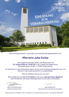 Lukaskirche bei Sonne mit Einladungstext