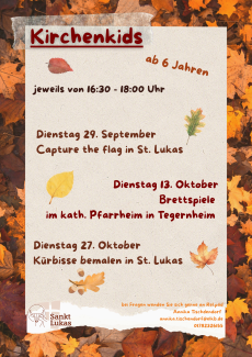 Plakat mit Terminen der Kirchenkids mit Herbstlaubrand in braun und gelb