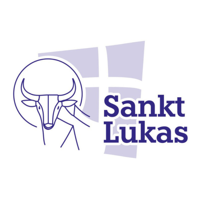 Logo St. Lukas: Stier mit Heiligenschein gezeichnet und dahinter eine Kreuz auf blaslila Fläche.