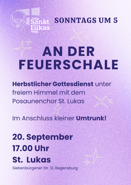Einladung zum Abendgottesdienst "Sonntag um 5" mit lila Hintergrund und Sternen